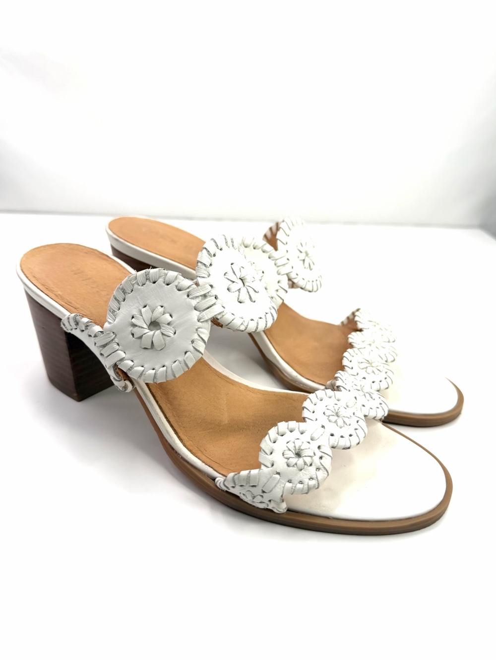 Jack Rogers White Leather Circle Strap Laurin Mid Heel Sandals
